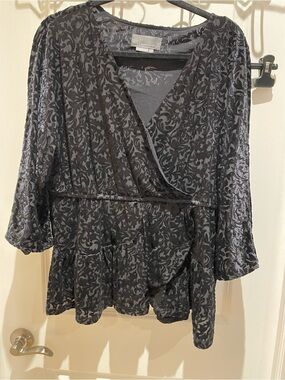 Anthropologie Black Floral-Pattern Wrap Peplum Blouse